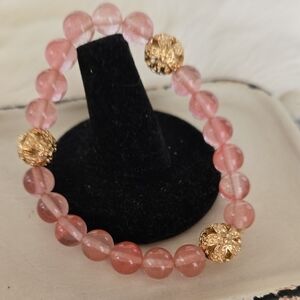 B-037-Stawberry Quartz Beaded Stretch Bracelet with Gold Tone Accent Beads